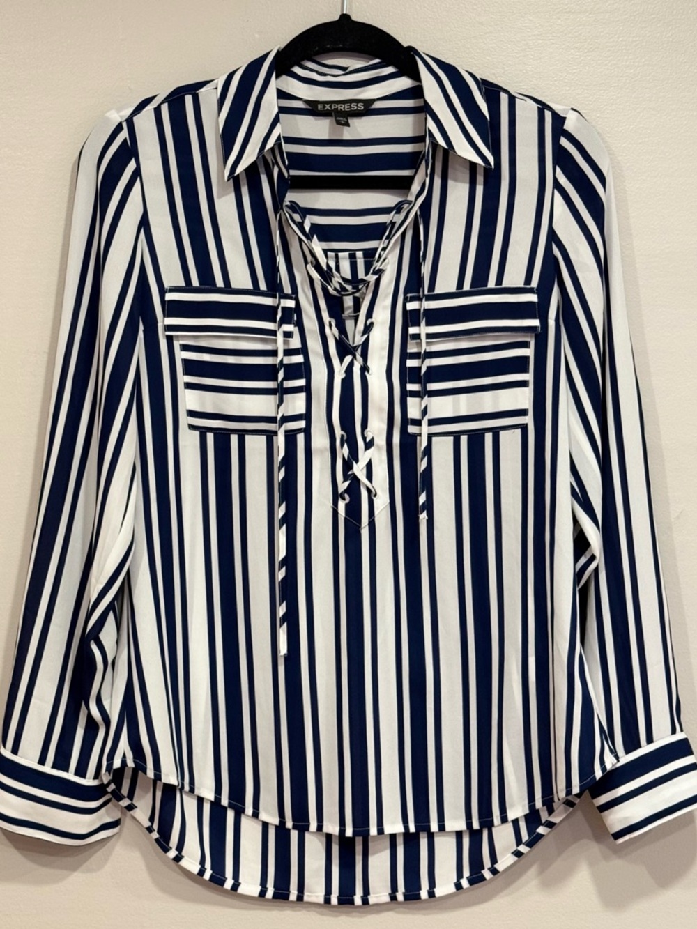 Express Striped Lace-Up Convertible Sleeve Blouse Navy & White Women's Small